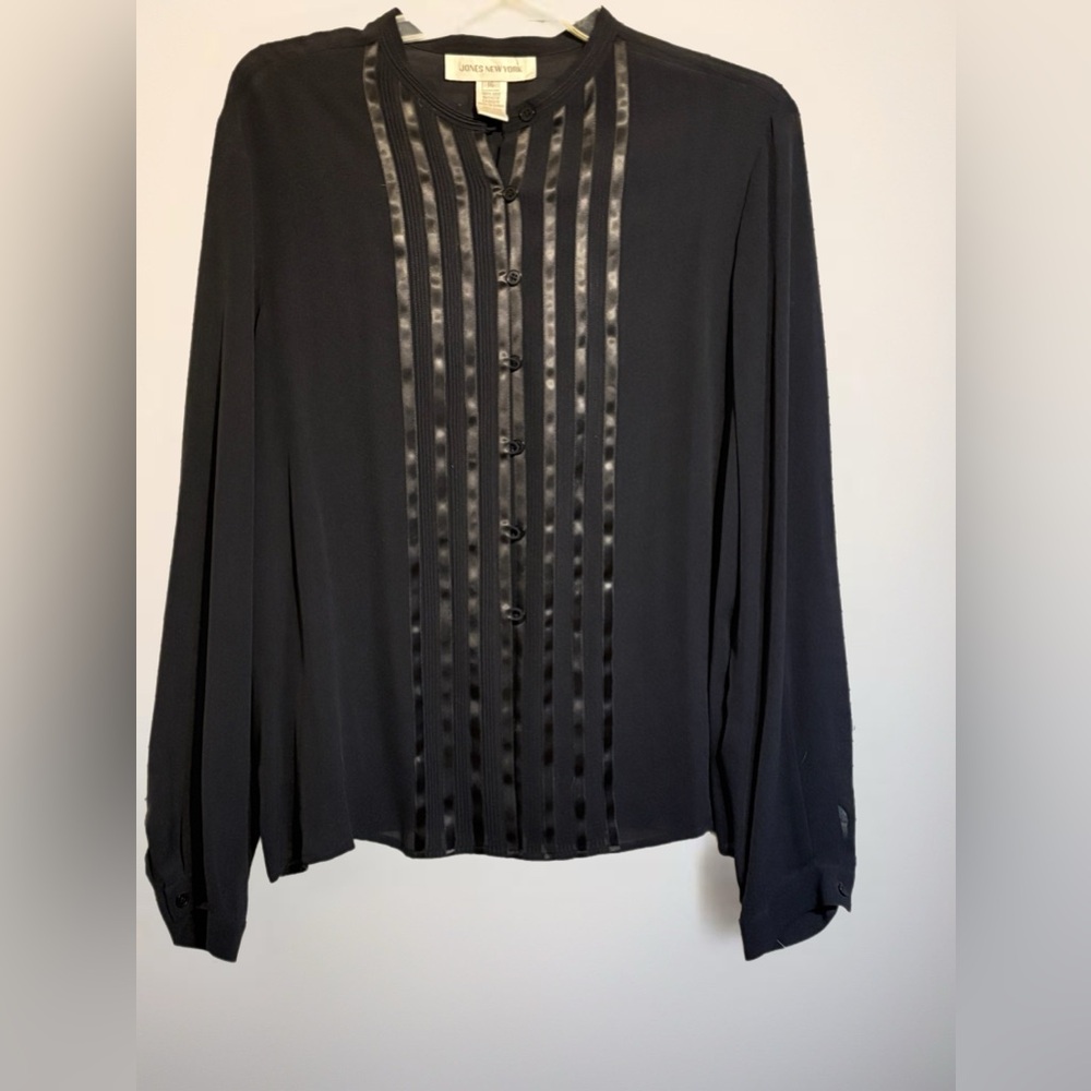 Jones New York Black Blouse with Satin Stripes